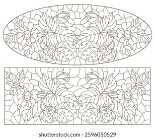 Set of contour illustrations in stained glass style with strawberries, dark outlines on a white background
