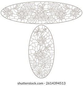 Set contour illustrations of stained glass with flowers  Lotus with dragonflies , dark outline on a white background