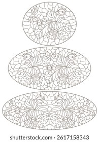 Set of contour illustrations in stained glass style with strawberries, dark outlines on a white background