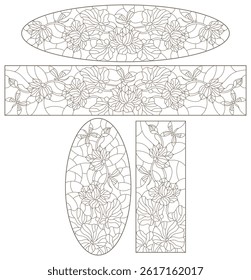 Set contour illustrations of stained glass with flowers  Lotus with dragonflies , dark outline on a white background