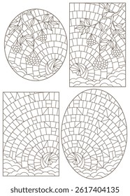 Set of contour illustrations with stained glass, Rowan branches against the sky, dark outlines on a white background