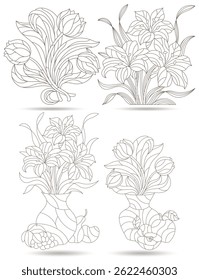 Set of contour illustrations in stained glass style with still lifes, flowers and fruits, dark outlines on a white background