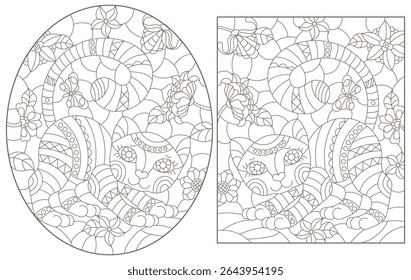 A set of contour illustrations of stained glass Windows with cats on a background of flowers, dark contours on a white background