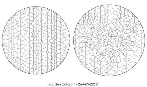 Set of contour illustrations of stained glass Windows with abstract flowers, oval  and square images, dark outlines on white background