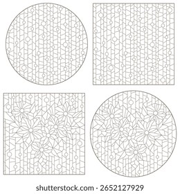 Conjunto de ilustrações de contorno de vitrais Janelas com flores abstratas, imagens ovais e quadradas, contornos escuros sobre fundo branco