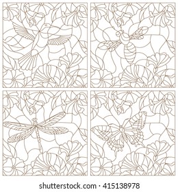 Set contour illustrations in the stained glass style , bird, bee, butterfly and dragonfly, dark outline on a white background