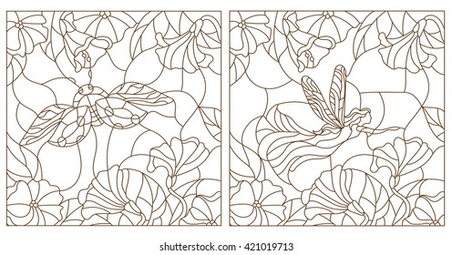 Set contour illustrations in the stained glass style ladybug and fairy on a background of leaves and flowers