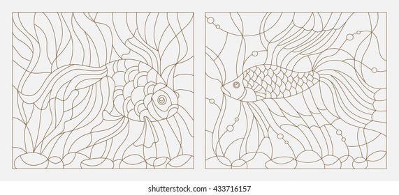 Set contour illustrations of stained glass with aquarium fish