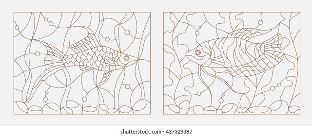 Set contour illustrations of stained glass with aquarium fish