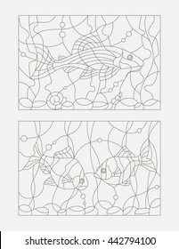 Set contour illustrations of stained glass with aquarium fish