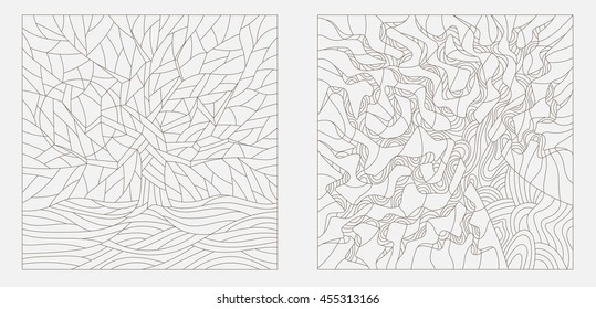 Set contour illustrations of stained glass with the image of the trees