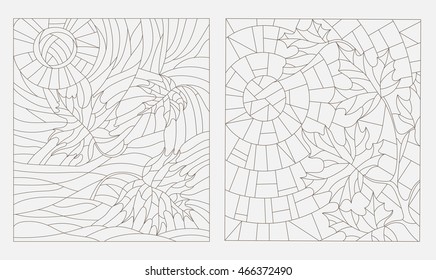 Set contour illustrations of the stained glass Windows on the theme of autumn maple leaves against the sky