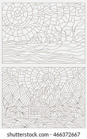 Set contour illustrations of stained glass Windows landscape , lonely house on a background of nature