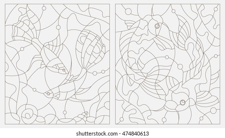 Set contour illustrations of stained glass with aquarium fish