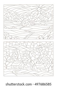 Set contour illustrations of the stained glass Windows with landscapes