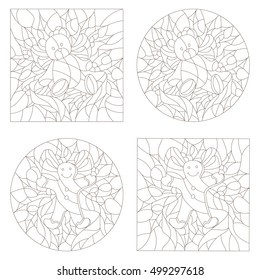 Set contour illustrations of the stained glass Windows on the theme of new year and Christmas Teddy bears and the gingerbread man in the background of Holly and ribbons