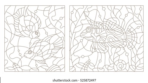 Set Contour Illustrations Of Stained Glass With Aquarium Fish