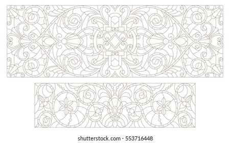 Set contour illustrations of stained glass with abstract swirls and flowers , horizontal orientation