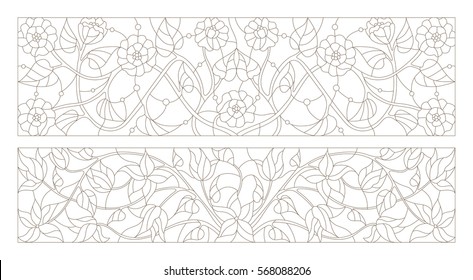 Set contour illustrations of stained glass with abstract swirls and flowers , horizontal orientation