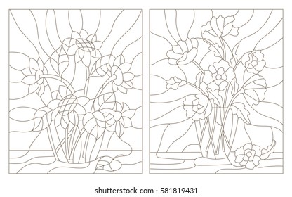 Set contour illustrations of the stained glass bouquet of poppies and sunflowers in a vase