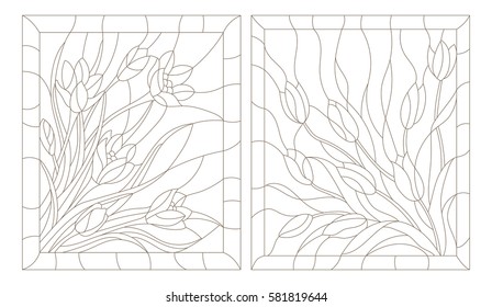 Set contour illustrations in the stained glass style, tulips and crocuses, dark outline on a white background