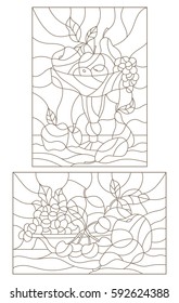 Set contour illustrations of stained glass with fruit, still life