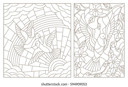 Set contour illustrations of the stained glass Windows with doves