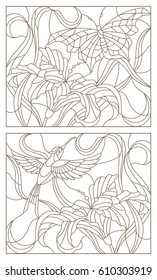 Set contour illustrations in the stained glass style butterfly and Hummingbird and Lily flower