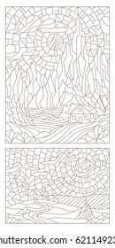 Set contour illustrations of stained glass Windows landscape , lonely house on a background of nature