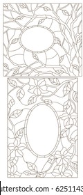 Set contour illustrations of stained glass in an abstract framework with flowers, leaves and branches