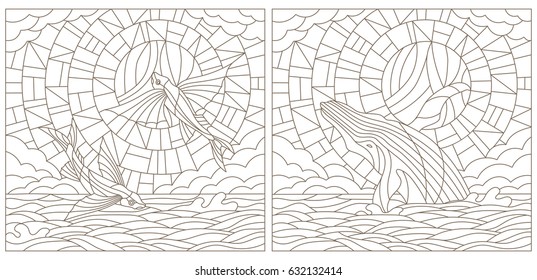 Set contour illustrations of stained glass with flying fish and whale on the sea background ,cloud, sky and sun