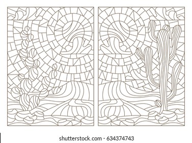 Set contour illustrations of stained glass with desert landscapes , cactus in a landscape of dunes and sky