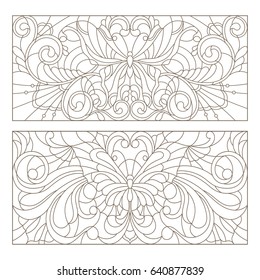 Set contour illustrations of stained glass with abstract swirls ,flowers and butterflies , horizontal orientation