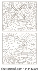 Set contour illustrations of the stained glass of landscapes with windmills