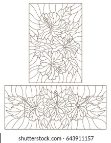 Set contour illustrations in the stained glass style with floral pattern of hibiscus, dark outline on a white background
