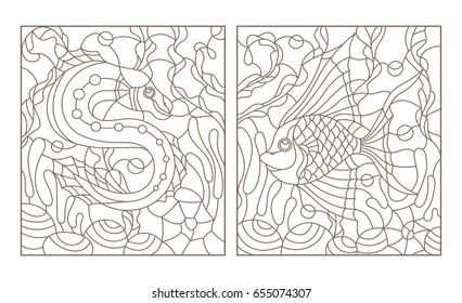 Set contour illustrations in the stained glass style with bright abstract two exotic fish amid seaweed, coral and shells