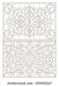 Set contour illustrations of stained glass with abstract swirls and flowers , horizontal orientation