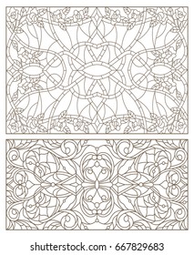 Set contour illustrations of stained glass with abstract swirls and flowers , horizontal orientation