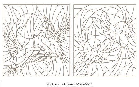 Set contour illustrations of stained glass birds pair of pigeons and ducks in the sky and the sun