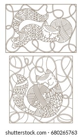 Set contour illustrations of stained glass with cute cats hugging skeins of thread