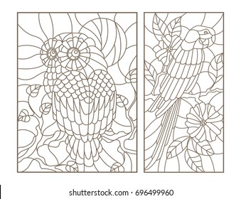 Set contour illustrations of stained glass birds the owl and parrot on the branches of trees