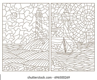 Set contour illustrations of stained glass seascapes, lighthouses and ships