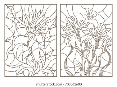 Set contour illustrations of stained glass with flowers, thistles and irises with butterflies