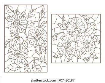 Set contour illustrations of stained glass with flowers, a Pansy and a branch of a flowering tree