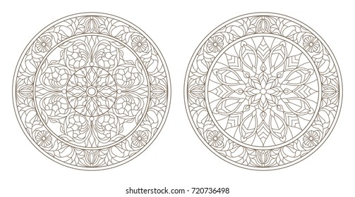 Set contour illustrations of stained glass, round stained glass floral, dark outline on a white background