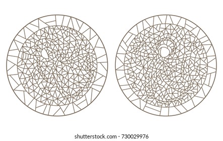 Set contour illustrations of the stained glass Windows with angels, round image