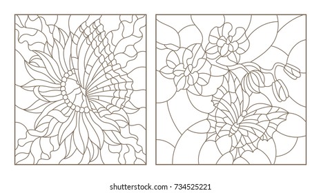 Set contour illustrations of the stained glass with butterflies and flowers, Orchid and Aster butterfly, black contour on white background