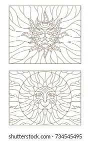 Set contour illustrations of stained glass sun with face,  dark outline on a white background , isolate