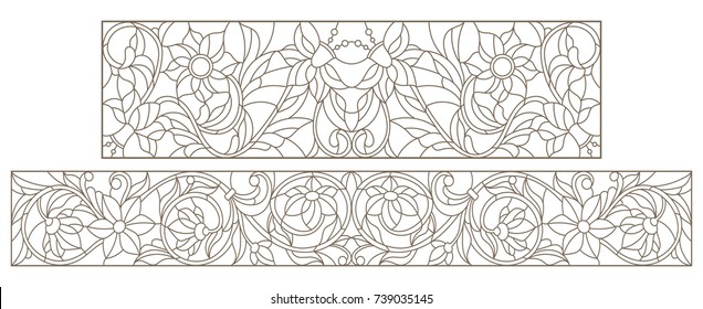 Set contour illustrations of stained glass with abstract swirls and flowers , horizontal orientation