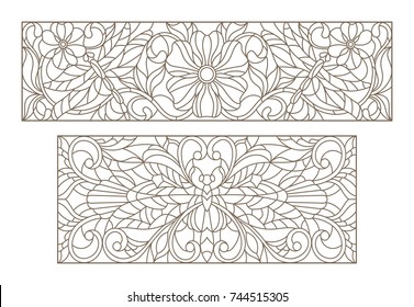 Set contour illustrations of stained glass with a dragonfly and flowers , black contour on white background